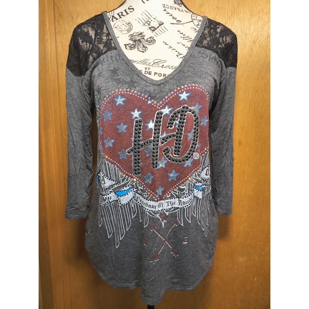 Harley-Davidson Womens Sz L Gray Studded Heart Lace Shoulder ¾ Sleeve‎ Top Shirt